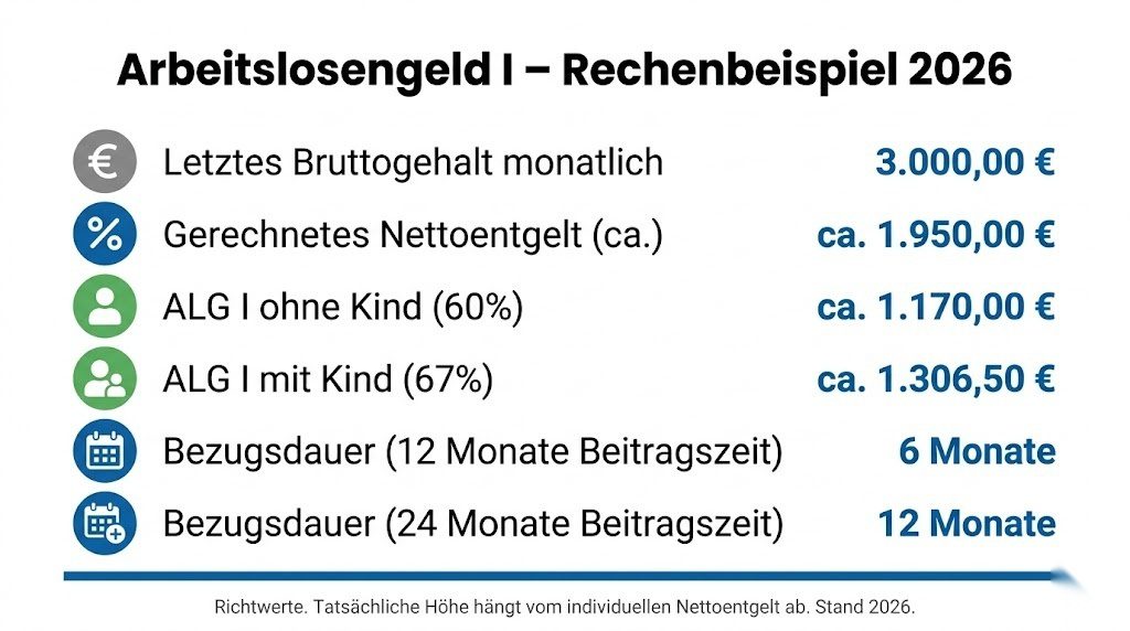 Infografik mit Rechenbeispiel zum Arbeitslosengeld I 2026 – Bruttogehalt, Nettoentgelt, ALG-I-Höhe mit und ohne Kind sowie Bezugsdauer im Überblick