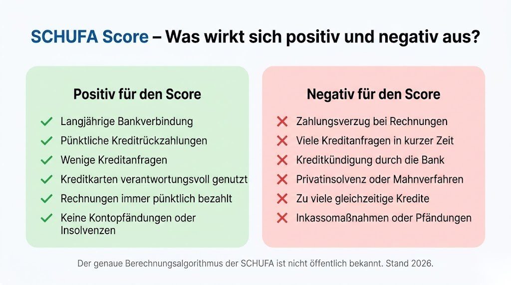 Infografik zu positiven und negativen Einflussfaktoren auf den SCHUFA Score in Deutschland – was den Score verbessert und was ihn verschlechtert