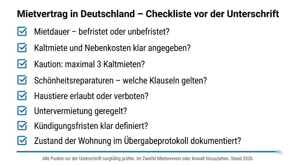 Checkliste für den Mietvertrag in Deutschland 2026 mit acht wichtigen Punkten die vor der Unterschrift geprüft werden sollten