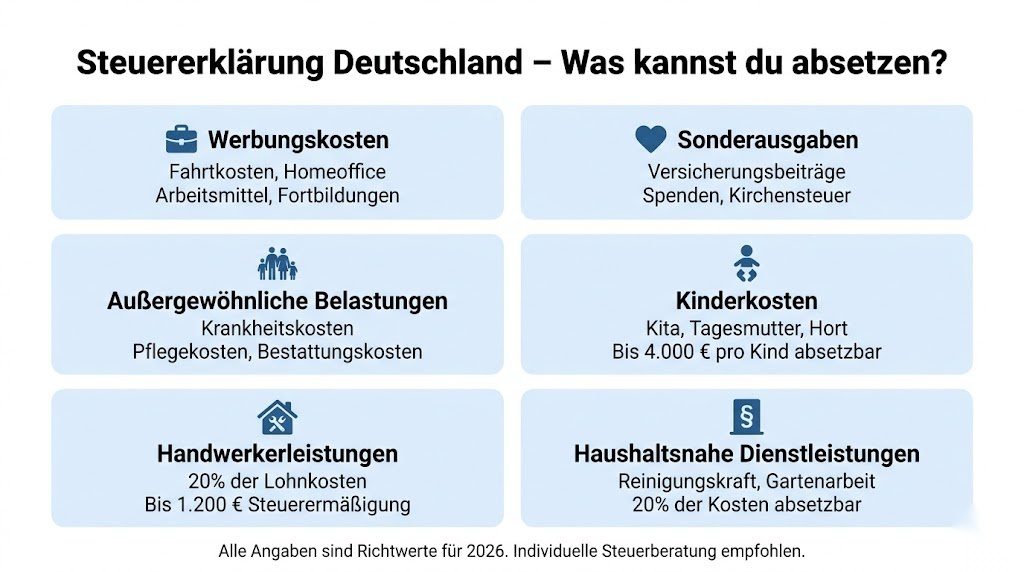 Infografik zu den wichtigsten absetzbaren Kategorien in der Steuererklärung 2026 – Werbungskosten, Sonderausgaben, außergewöhnliche Belastungen, Kinderkosten, Handwerker und haushaltsnahe Dienstleistungen