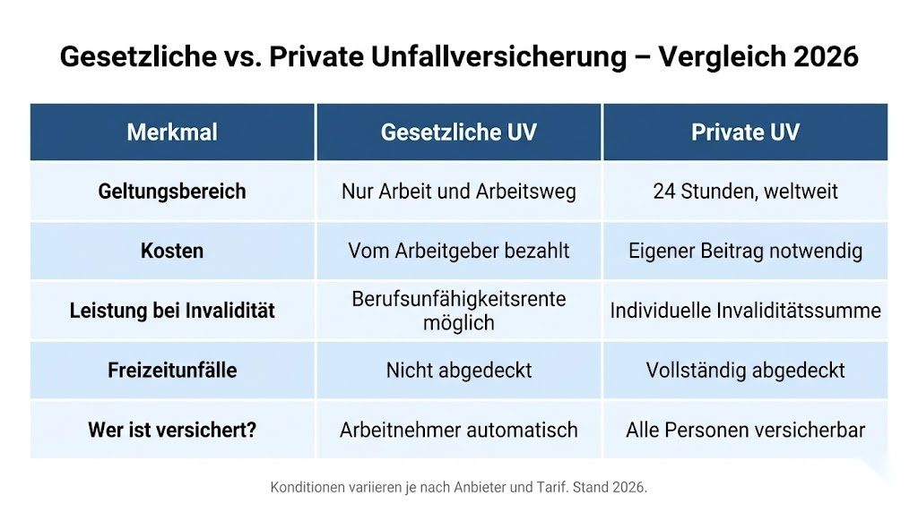Vergleichsinfografik zwischen gesetzlicher und privater Unfallversicherung in Deutschland 2026 nach Geltungsbereich, Kosten, Leistungen und versicherten Personen