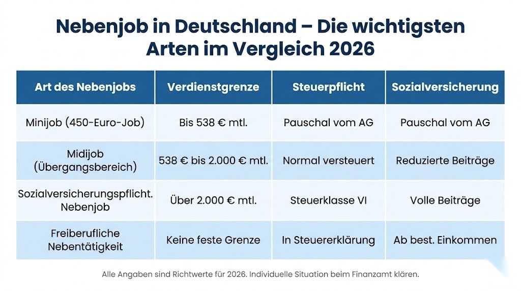 Vergleichsinfografik der verschiedenen Nebenjob-Arten in Deutschland 2026 nach Verdienstgrenze, Steuerpflicht und Sozialversicherung