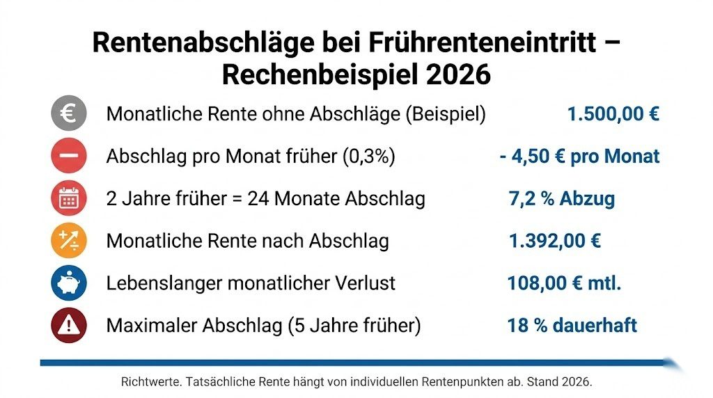 Infografik zu Rentenabschlägen bei früherem Renteneintritt in Deutschland 2026 mit Rechenbeispiel für monatliche Verluste bei 2 Jahren Frühverrentung