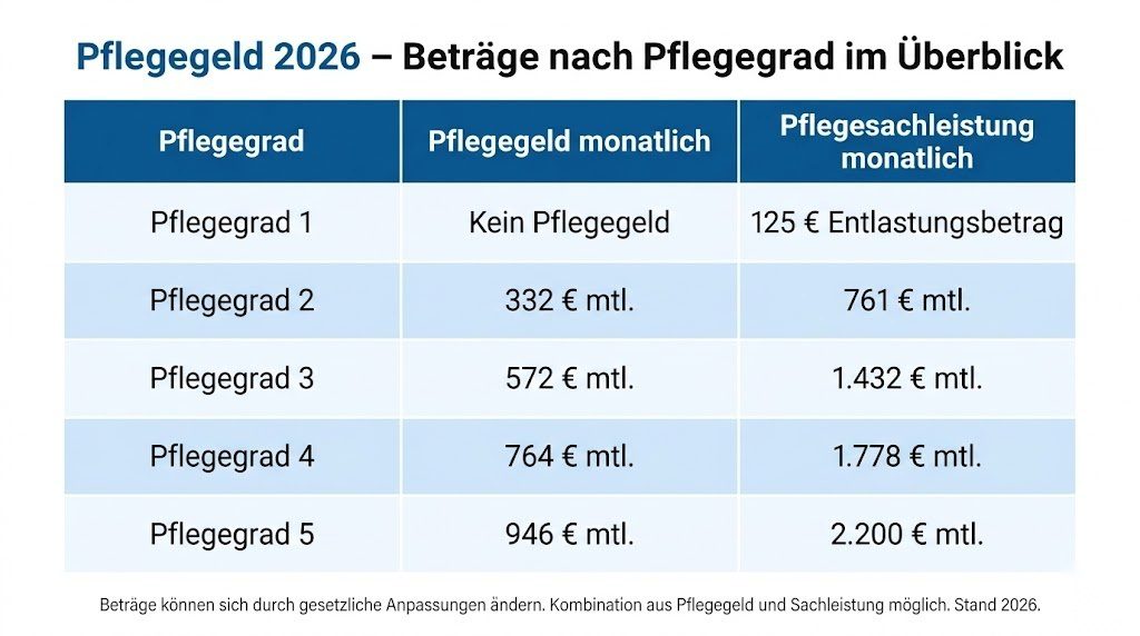 Infografik zu den Pflegegeldbeträgen 2026 in Deutschland nach Pflegegrad – von Pflegegrad 1 ohne Pflegegeld bis Pflegegrad 5 mit 946 Euro monatlich