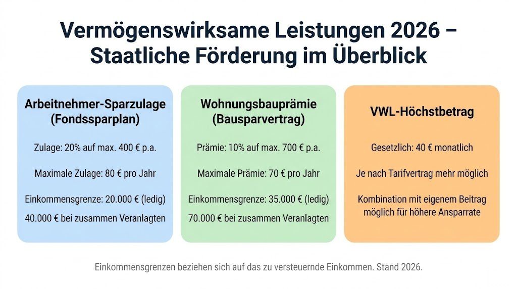 Infografik zur staatlichen Förderung von vermögenswirksamen Leistungen 2026 – Arbeitnehmer-Sparzulage für Fondssparpläne und Wohnungsbauprämie für Bausparverträge mit Beträgen und Einkommensgrenzen