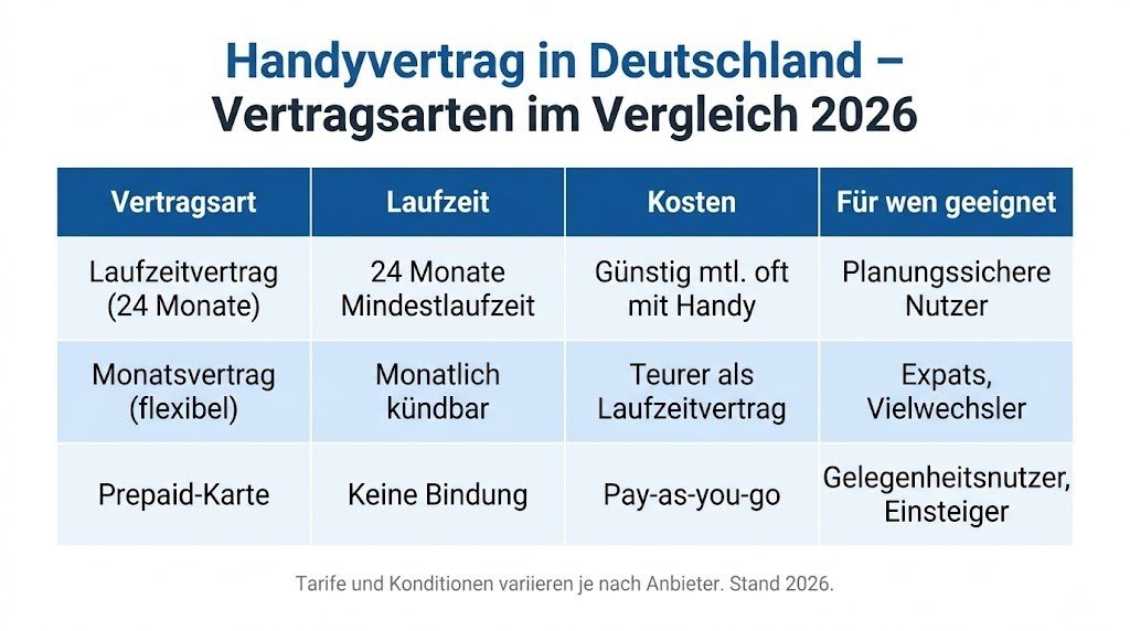 Vergleichsinfografik der drei Handyvertragsarten in Deutschland 2026 – Laufzeitvertrag, Monatsvertrag und Prepaid nach Laufzeit, Kosten und Eignung