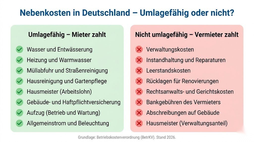 Infografik zu umlagefähigen und nicht umlagefähigen Nebenkosten in Deutschland 2026 – was der Vermieter auf den Mieter umlegen darf und was nicht