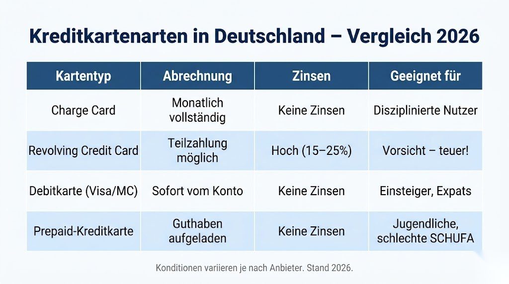 Vergleichsinfografik der vier Kreditkartenarten in Deutschland 2026 – Charge Card, Revolving Card, Debitkarte und Prepaid-Karte nach Abrechnung, Zinsen und Eignung