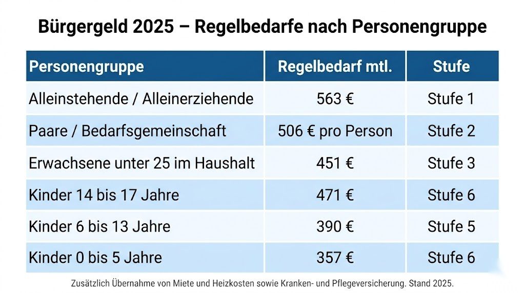 Infografik zu den Bürgergeld Regelbedarfen 2025 nach Personengruppe – von 563 Euro für Alleinstehende bis 357 Euro für Kleinkinder unter 6 Jahren