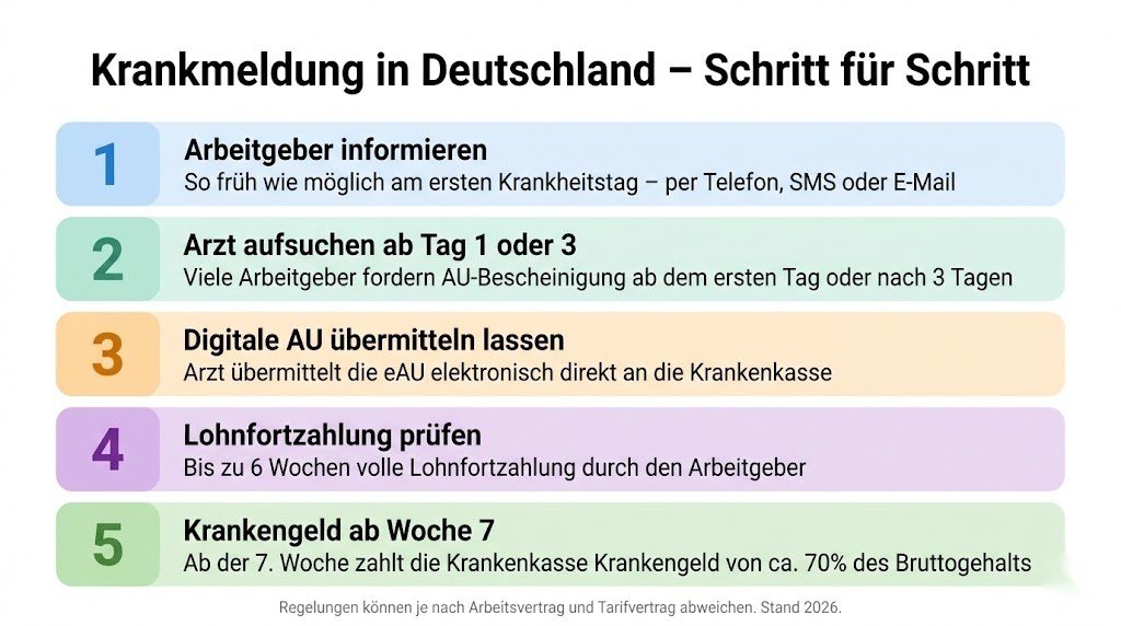 Infografik zur Krankmeldung in Deutschland Schritt für Schritt – von der Arbeitgeberinformation über die AU-Bescheinigung bis zum Krankengeld ab der siebten Woche