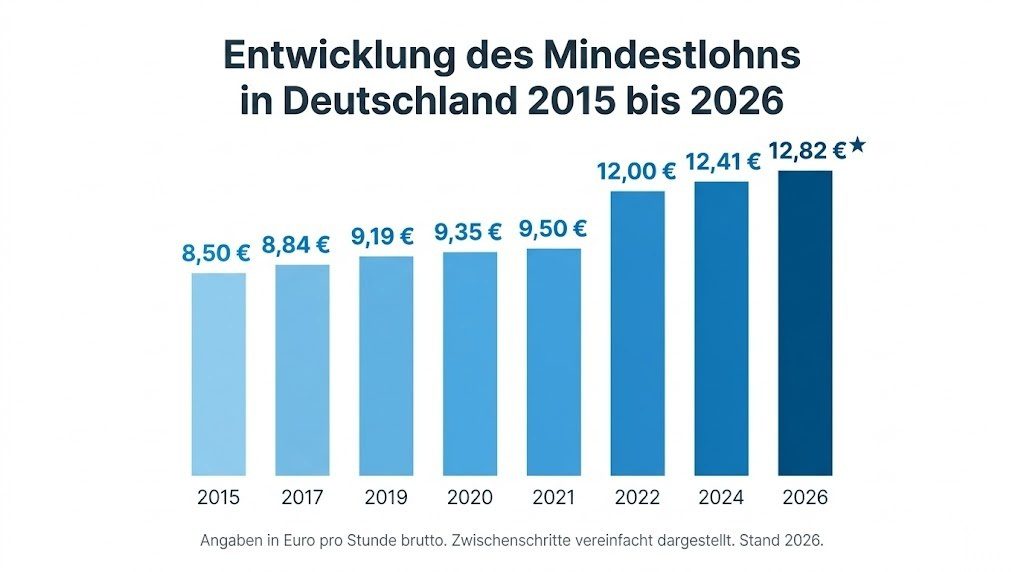 Balkendiagramm zur Entwicklung des gesetzlichen Mindestlohns in Deutschland von 8,50 Euro im Jahr 2015 bis 12,82 Euro im Jahr 2026