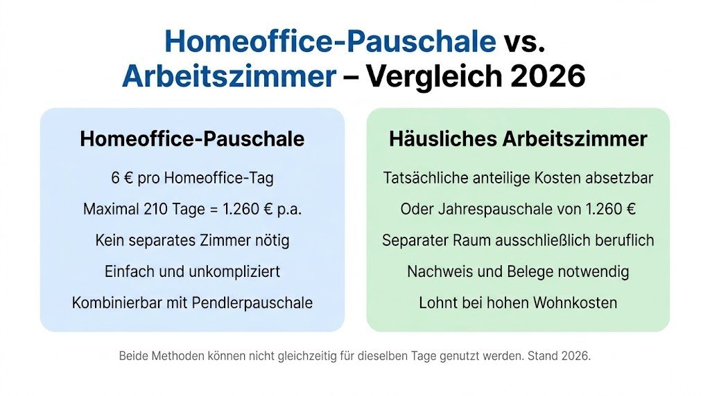Vergleichsinfografik zwischen Homeoffice-Pauschale und häuslichem Arbeitszimmer 2026 – Beträge, Voraussetzungen und Eignung im Überblick