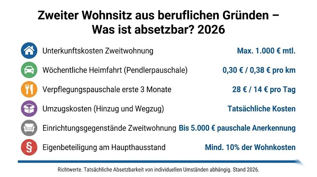 Infografik zu absetzbaren Kosten bei doppelter Haushaltsführung 2026 – Unterkunft bis 1.000 Euro monatlich, Heimfahrten, Verpflegungspauschale und Umzugskosten
