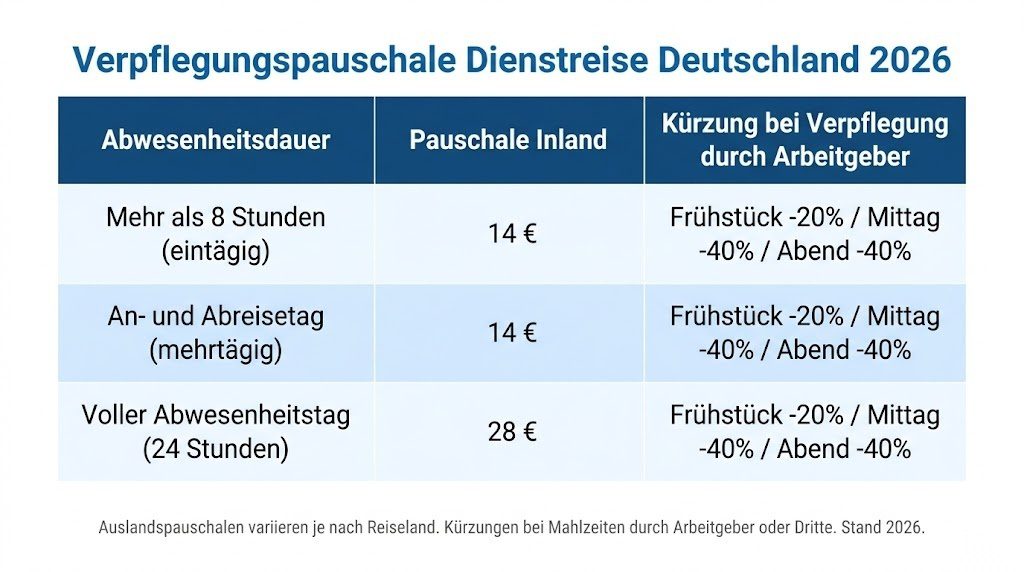 Infografik zur Verpflegungspauschale bei Dienstreisen in Deutschland 2026 – 14 Euro für An- und Abreisetage und 28 Euro für volle Abwesenheitstage mit Kürzungsregelungen