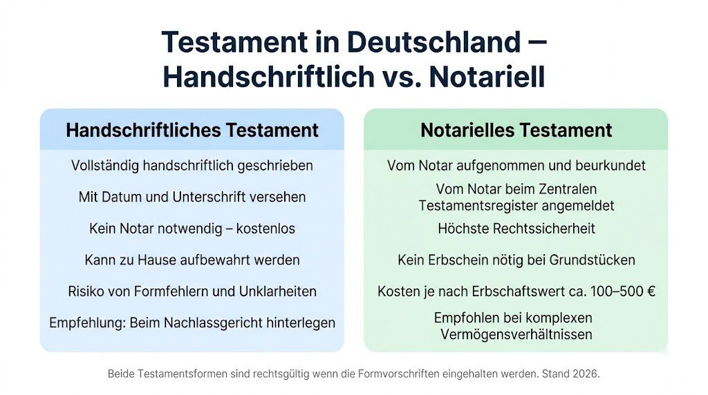 Vergleichsinfografik zwischen handschriftlichem und notariellem Testament in Deutschland – Voraussetzungen, Kosten, Rechtssicherheit und Empfehlungen