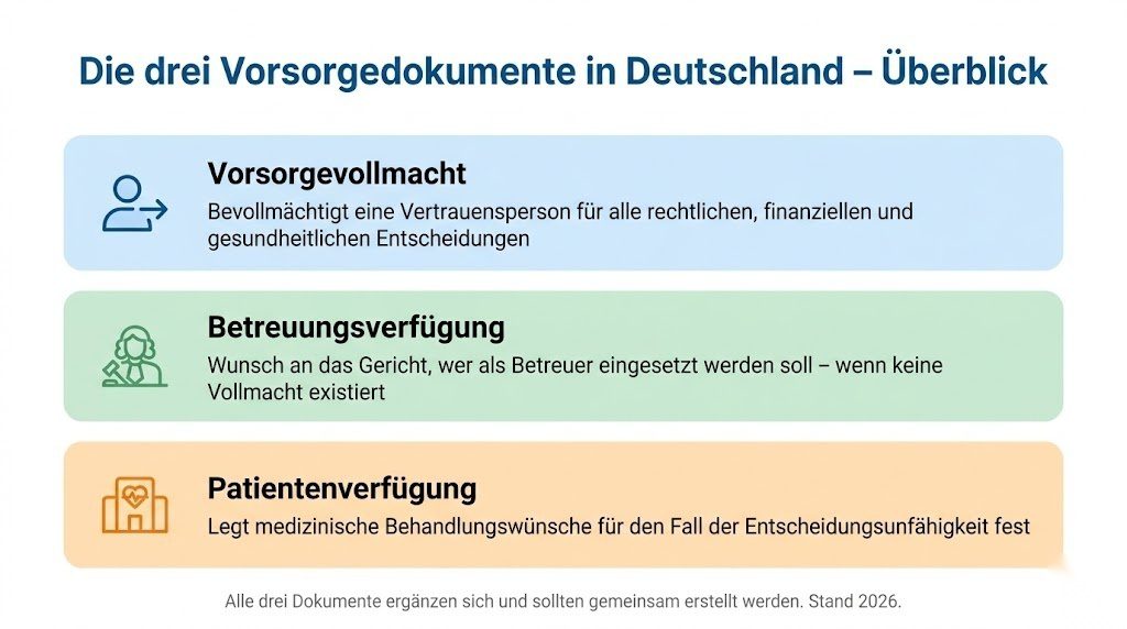 Infografik zu den drei Vorsorgedokumenten in Deutschland – Vorsorgevollmacht, Betreuungsverfügung und Patientenverfügung mit Erklärung der jeweiligen Funktion