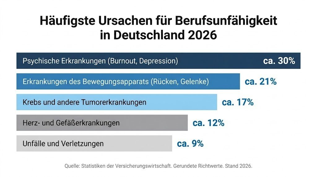 Balkendiagramm zu den häufigsten Ursachen für Berufsunfähigkeit in Deutschland 2026 – psychische Erkrankungen führen mit 30 Prozent vor Erkrankungen des Bewegungsapparats und Krebs