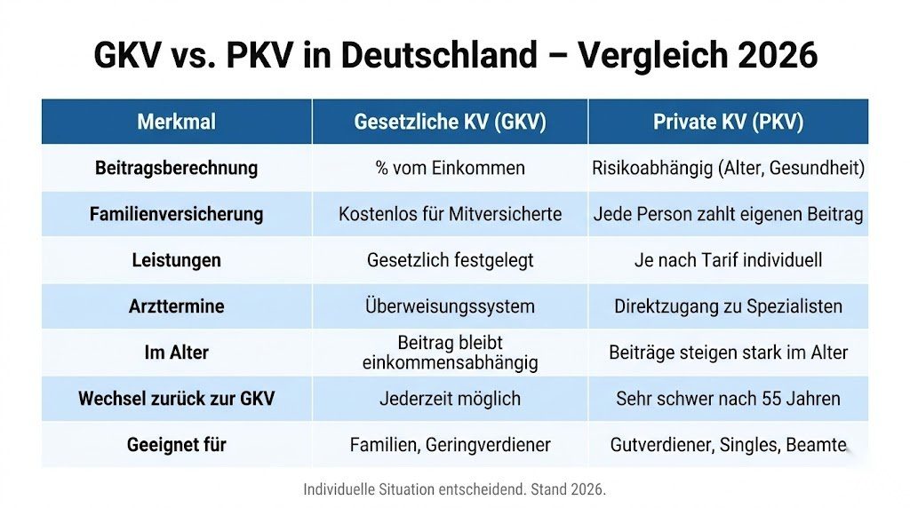 Vergleichsinfografik zwischen gesetzlicher und privater Krankenversicherung in Deutschland 2026 nach Beitragsberechnung, Familienversicherung, Leistungen und Eignung