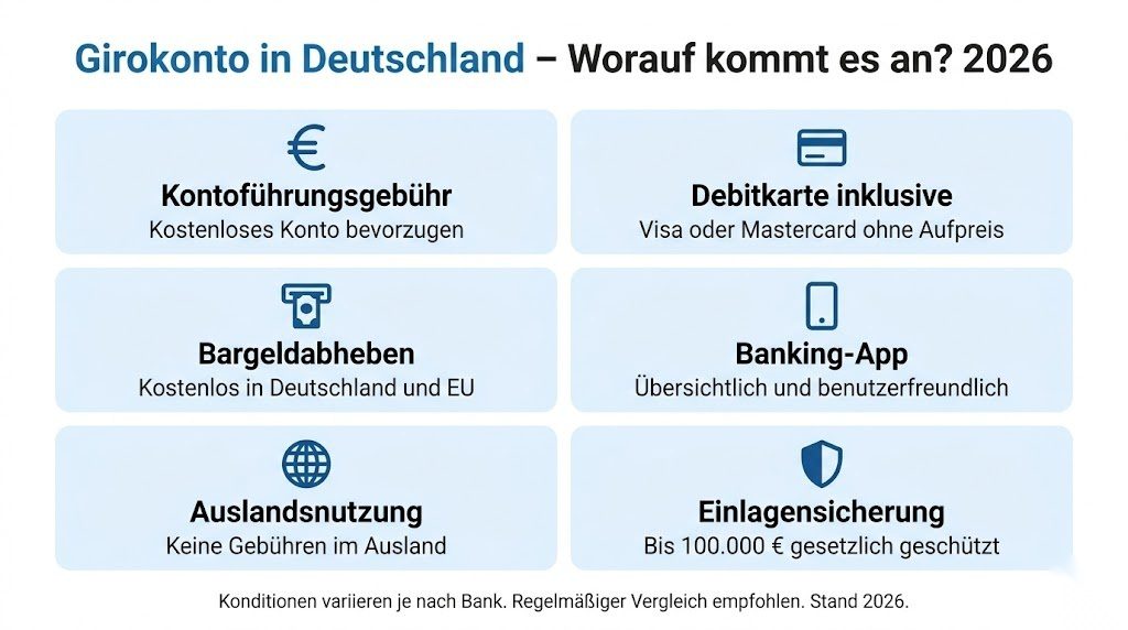 Infografik zu den wichtigsten Kriterien bei der Girokonto-Wahl in Deutschland 2026 – Gebühren, Debitkarte, Bargeldabheben, Banking-App, Auslandsnutzung und Einlagensicherung