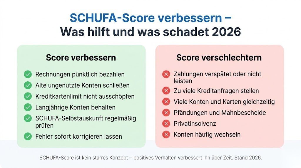 Infografik zu SCHUFA-Score verbessern und verschlechtern in Deutschland 2026 – positive und negative Einflussfaktoren auf die Bonität im Überblick
