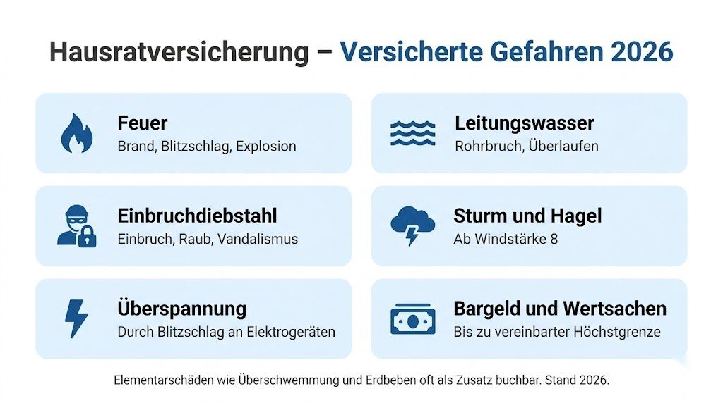 Infografik zu den versicherten Gefahren der Hausratversicherung in Deutschland 2026 – Feuer, Leitungswasser, Einbruch, Sturm, Überspannung und Wertsachen