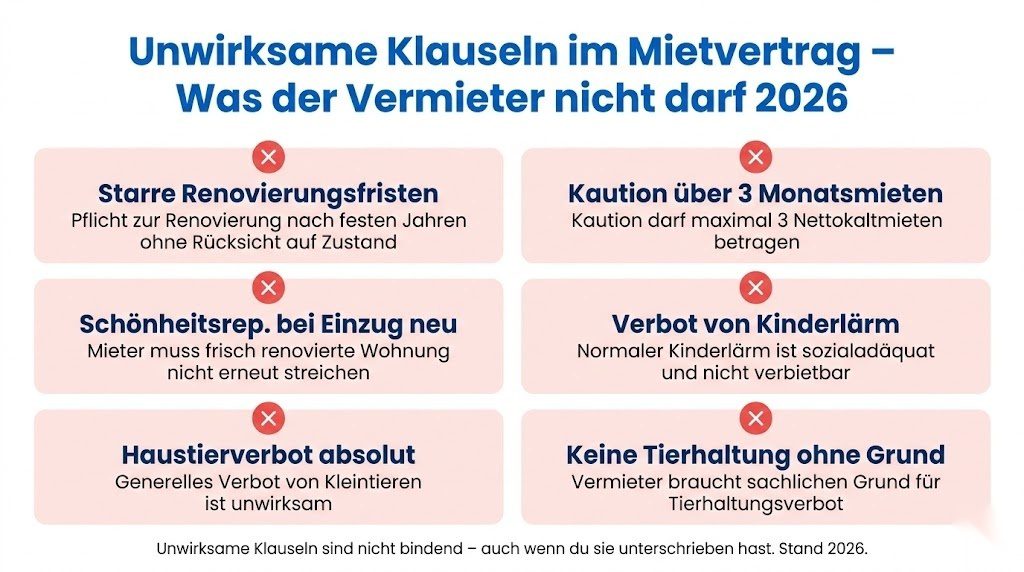 Infografik zu unwirksamen Klauseln im Mietvertrag in Deutschland 2026 – was Vermieter nicht verlangen dürfen von starren Renovierungsfristen bis zu absoluten Tierhalteverboten