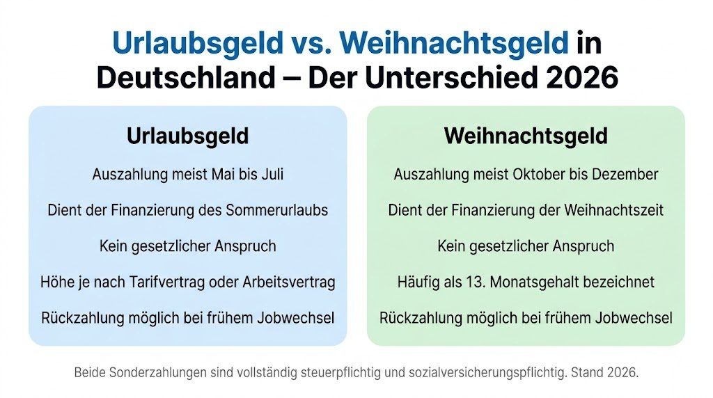 Vergleichsinfografik zwischen Urlaubsgeld und Weihnachtsgeld in Deutschland 2026 – Auszahlungszeitpunkt, Zweck, Anspruch und steuerliche Behandlung