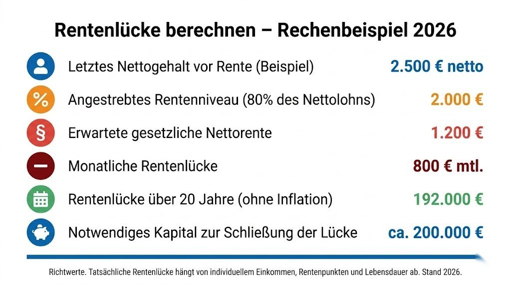 Infografik zur Berechnung der Rentenlücke in Deutschland 2026 mit Rechenbeispiel – von Nettogehalt über gesetzliche Rente bis zur monatlichen Lücke und notwendigem Kapital