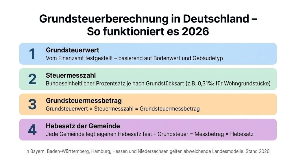 Infografik zur Grundsteuerberechnung in Deutschland 2026 – vier Schritte von Grundsteuerwert über Steuermesszahl und Messbetrag bis zum Hebesatz der Gemeinde