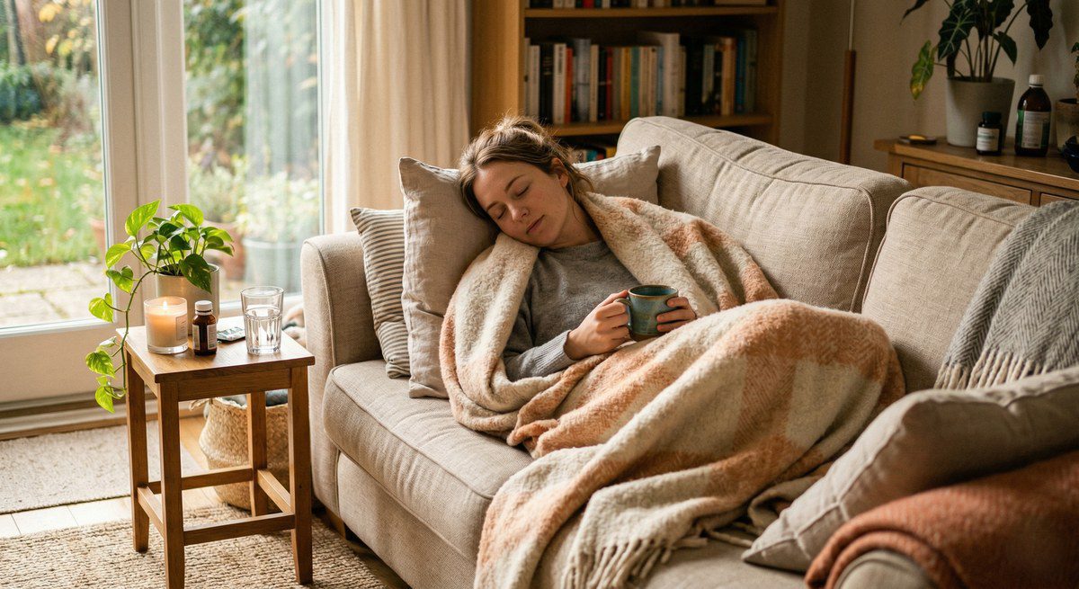 Person erholt sich zu Hause auf dem Sofa während der Krankmeldung