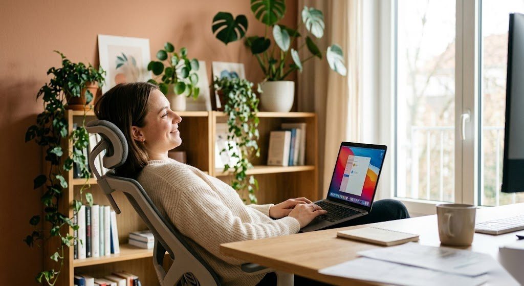 Zufriedene Person im Homeoffice nach erfolgreich eingereichter Steuererklärung mit Homeoffice-Pauschale