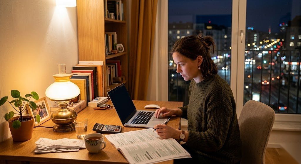 Person füllt in ihrer Zweitwohnung die Steuererklärung für die doppelte Haushaltsführung aus