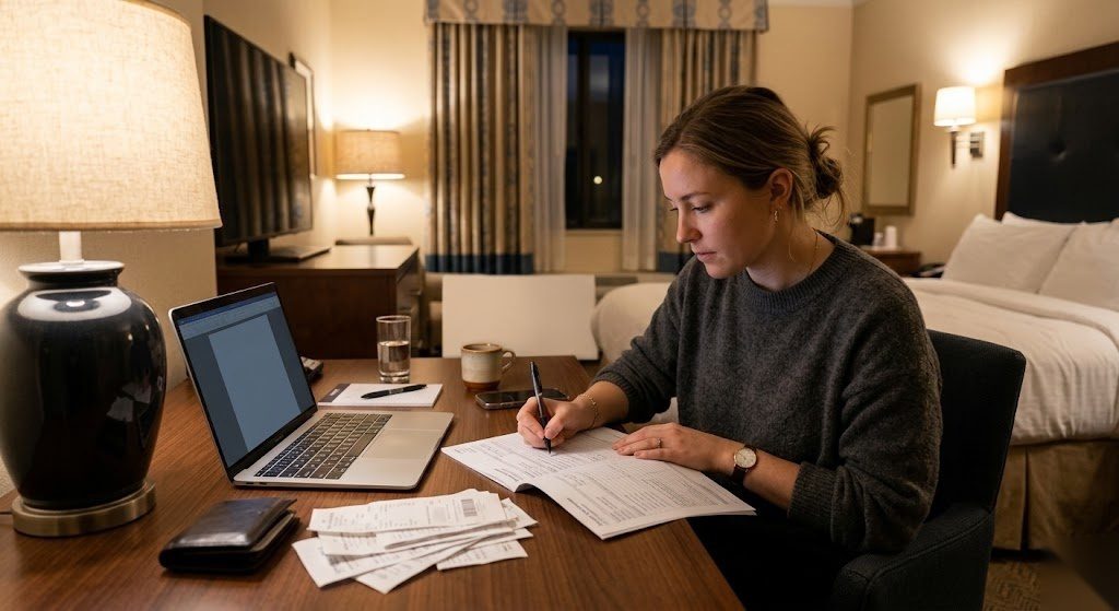 Arbeitnehmer füllt im Hotelzimmer die Reisekostenabrechnung nach einer Dienstreise aus
