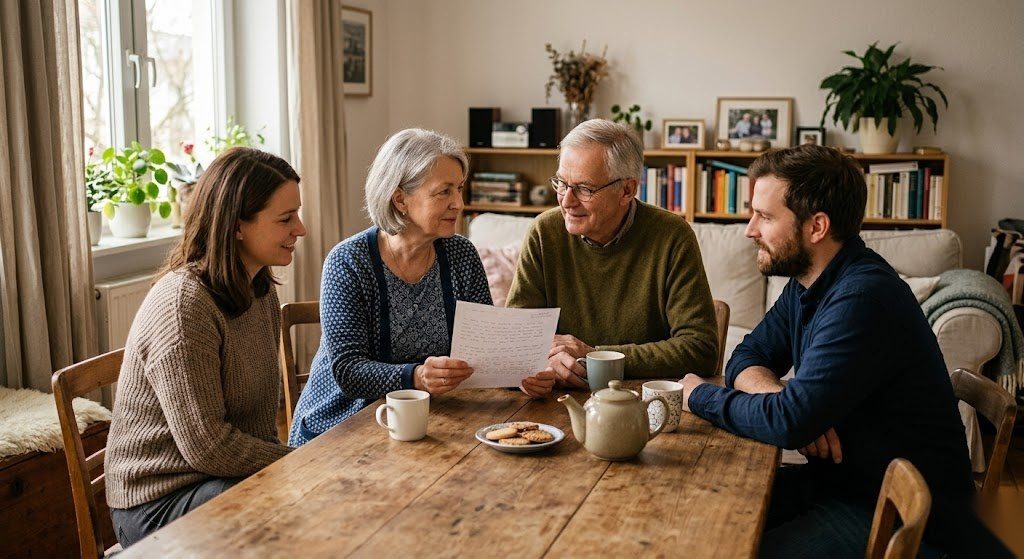 Familie bespricht gemeinsam die Nachlassregelung und das Testament in einer ruhigen Wohnatmosphäre