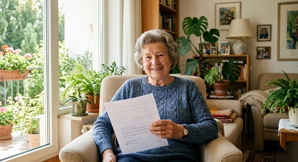 Ältere Person hält ihre fertige Vorsorgevollmacht in der Hand und wirkt ruhig und gut vorbereitet