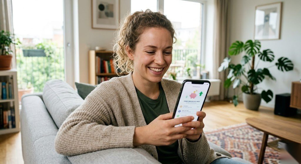 Person freut sich über ihr Nettogehalt nach dem Berechnen aller Abzüge in Deutschland
