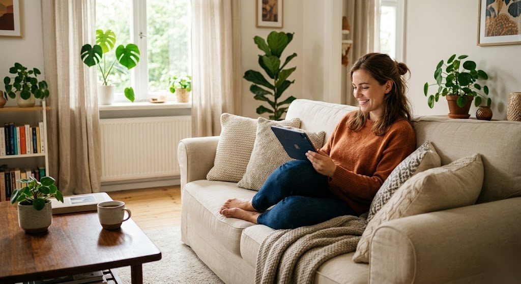 Person informiert sich entspannt über ihre Berufsunfähigkeitsversicherung und fühlt sich finanziell gut abgesichert