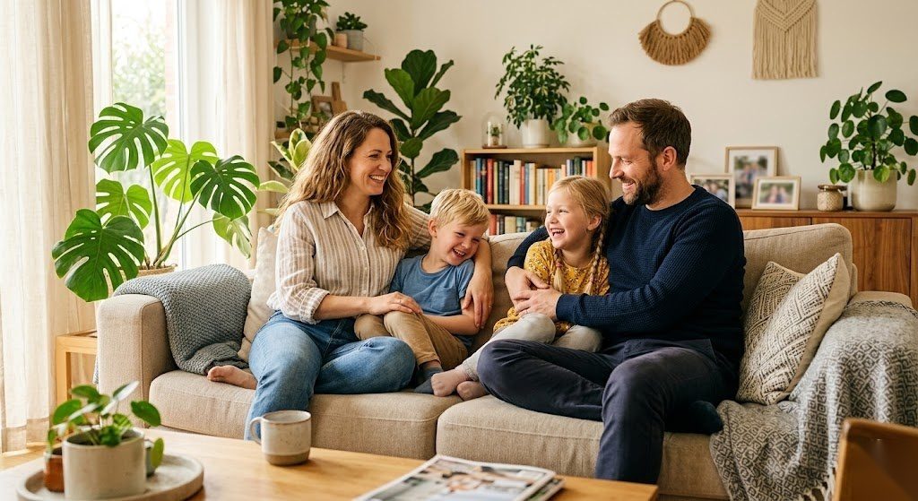 Familie fühlt sich durch ihre Haftpflichtversicherung finanziell abgesichert und wirkt entspannt und sorgenfrei