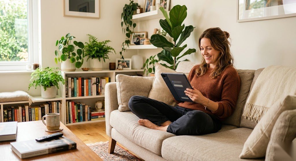 Person informiert sich entspannt über ihre Hausratversicherung und fühlt sich in ihrer Wohnung rundum abgesichert