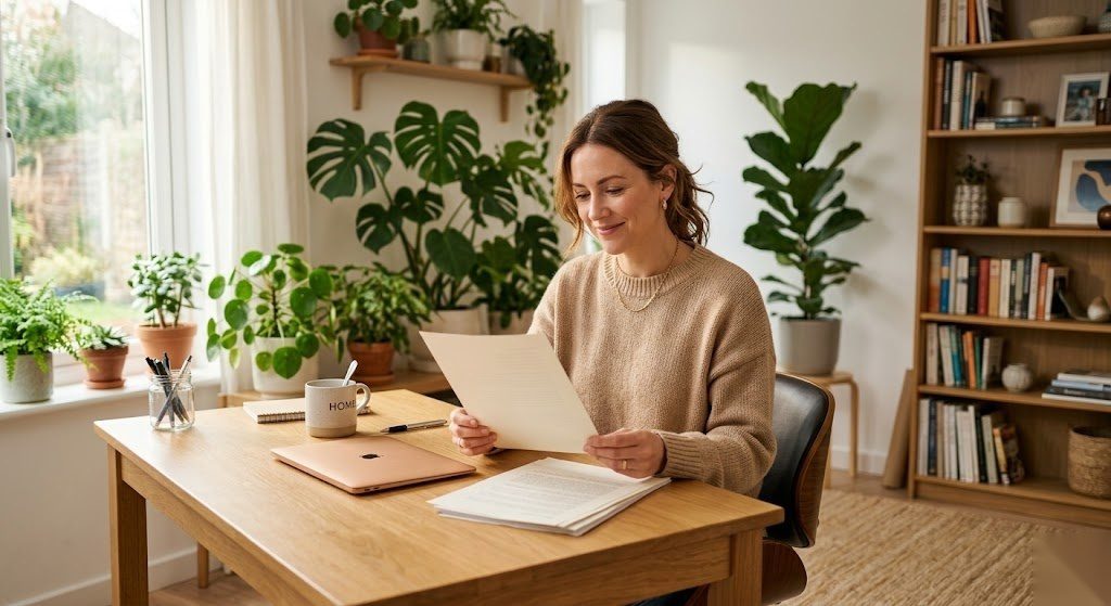 Person liest entspannt ein rechtliches Schreiben und wirkt dank ihrer Rechtsschutzversicherung gelassen und gut abgesichert