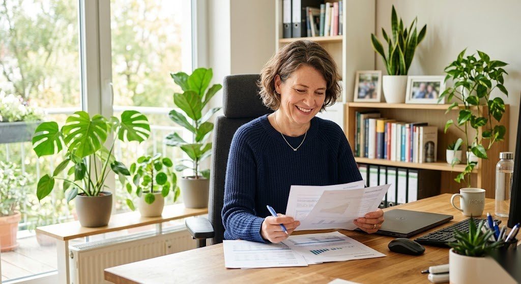 Person plant ihre Altersvorsorge mit der betrieblichen Altersvorsorge und wirkt zufrieden und gut vorbereitet