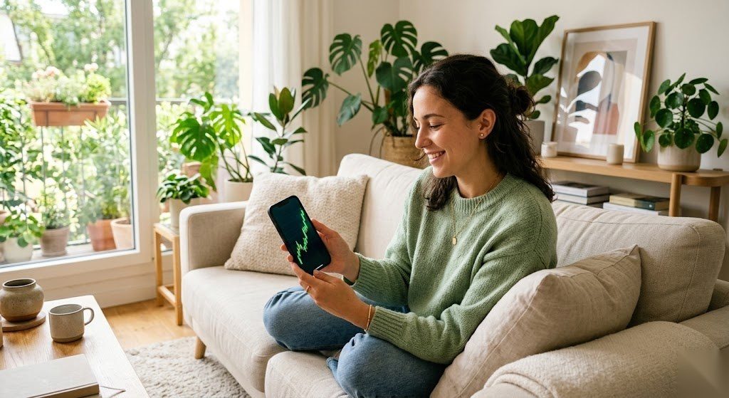 Junge Person verfolgt entspannt die positive Entwicklung ihres ETF Sparplans auf dem Smartphone