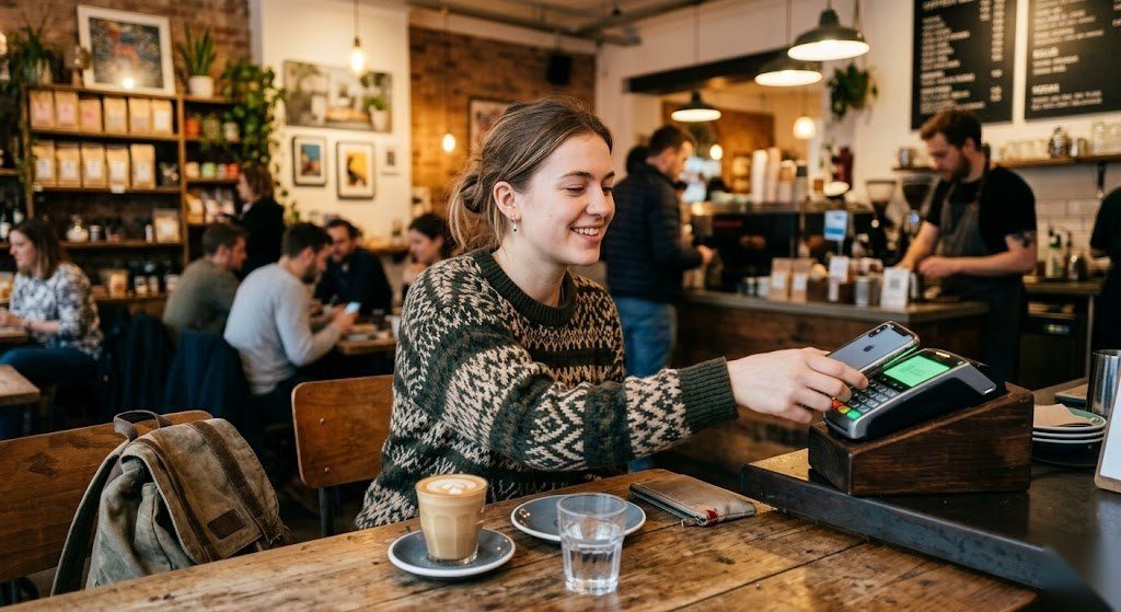 Person bezahlt kontaktlos mit dem Smartphone dank eines modernen Girokontos in Deutschland