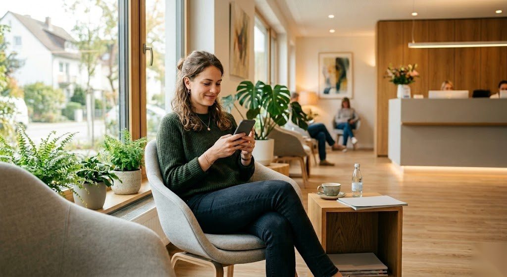 Patient wartet entspannt beim Arzt in Deutschland dank guter Krankenversicherung und medizinischer Versorgung