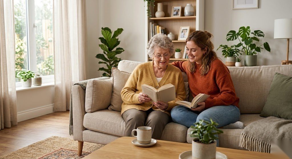 Ältere Person verbringt Zeit mit Angehörigen zu Hause dank guter Pflegeabsicherung in Deutschland