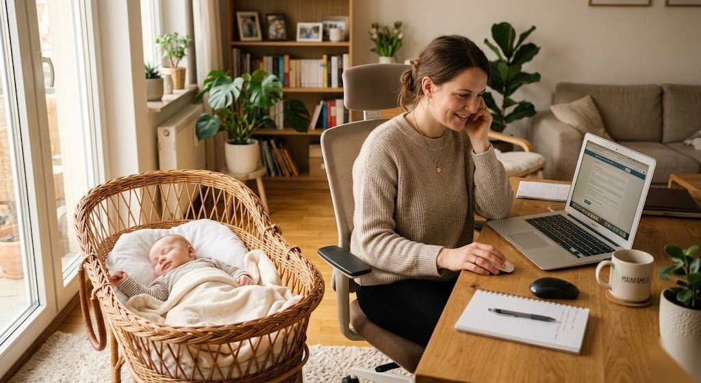 Elternteil füllt online den Elterngeldantrag aus während das Baby daneben schläft