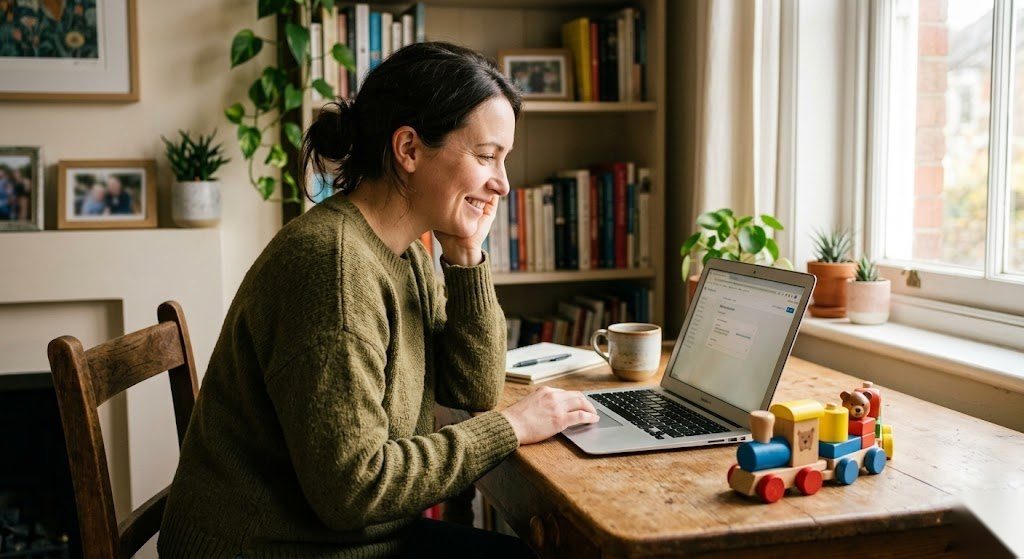 Elternteil beantragt Kindergeld online und freut sich über die staatliche Unterstützung für die Familie