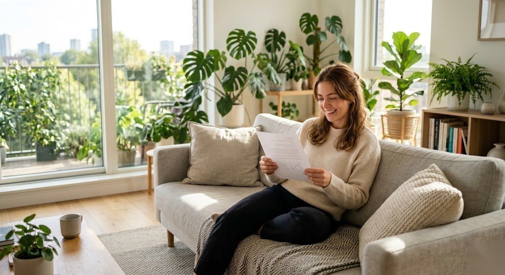 Person sitzt entspannt in ihrer Wohnung und freut sich über den bewilligten Wohngeldantrag in Deutschland