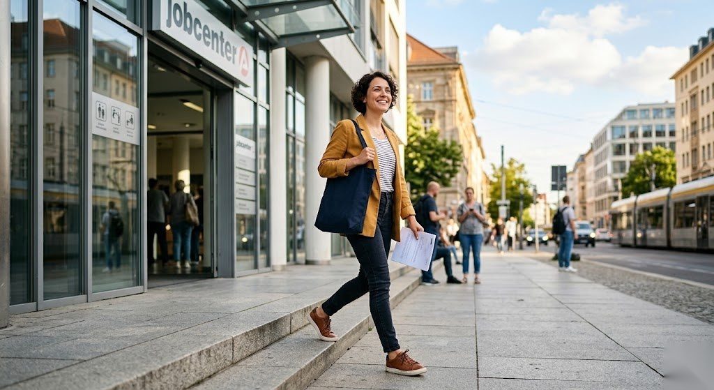 Person verlässt das Jobcenter mit einem positiven Ausblick nach der Beantragung von Bürgergeld in Deutschland