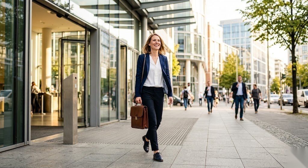 Person tritt selbstbewusst einen neuen Job an nach dem Bezug von Arbeitslosengeld I in Deutschland